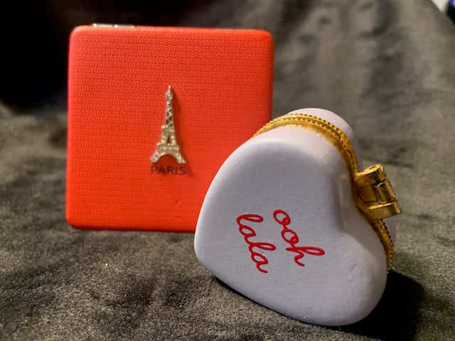 Paris Vanity Accessories Ooh la la Heart Shape Trinket Box & pink Compact Mirror